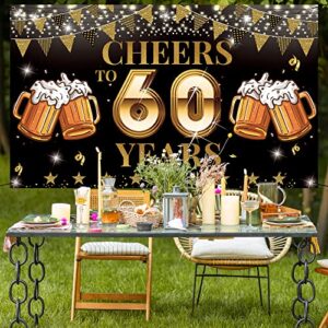 Cheers to 60 Years Backdrop Banner, Happy 60th Birthday Decorations for Men Women, 60th Anniversary Decorations, 60th Reunion, Black Gold 60 Years Celebration Party Decor, Vicycaty (6.1ft x 3.6ft)