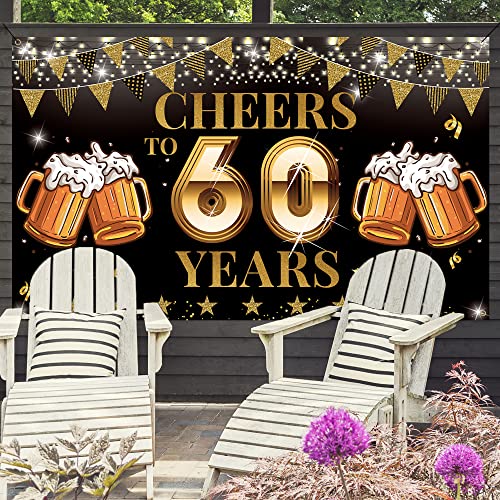 Cheers to 60 Years Backdrop Banner, Happy 60th Birthday Decorations for Men Women, 60th Anniversary Decorations, 60th Reunion, Black Gold 60 Years Celebration Party Decor, Vicycaty (6.1ft x 3.6ft)