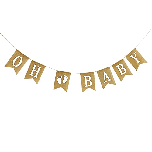 Burlap Oh Baby Banner for Baby Shower Decorations - Gender Neutral Baby Shower Banner Garland - Rustic Oh Baby Sign for Baby Shower, Gender Reveal Party Decorations - Large Size, 7 x 5 Inches