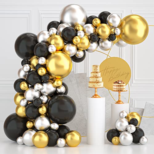 Black Gold Silver Balloon Garland kit, 112pcs Black and gold balloons Metallic Balloons for New Year Birthday Wedding Graduation Party Decoration