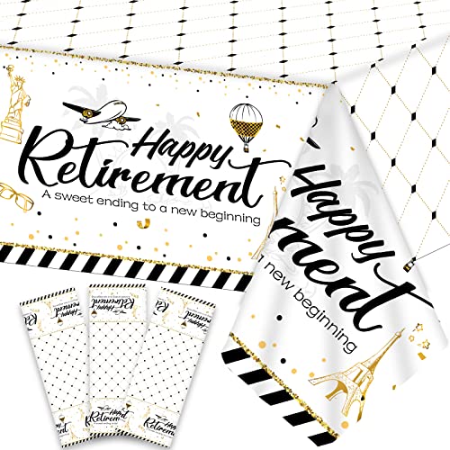 gisgfim Retirement Party Decorations Set of 3 White and Gold Happy Retirement Tablecloth for Retirement Party Supplies Table Cover Table Decorations