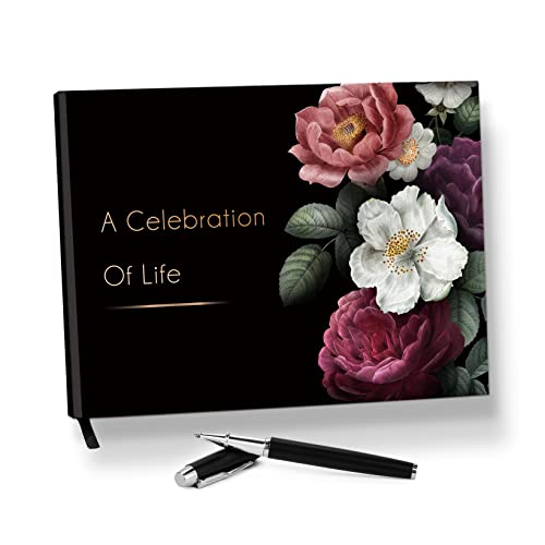 BADAWEN Funeral Guest Book, Hardcover Black Floral Celebration of Life Guest Book for Memorial Service Registry Decorations with Pen