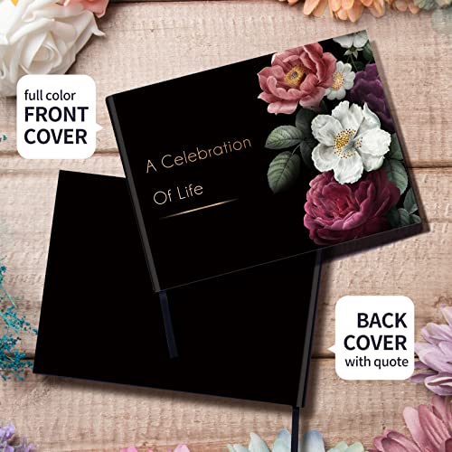 BADAWEN Funeral Guest Book, Hardcover Black Floral Celebration of Life Guest Book for Memorial Service Registry Decorations with Pen