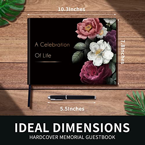 BADAWEN Funeral Guest Book, Hardcover Black Floral Celebration of Life Guest Book for Memorial Service Registry Decorations with Pen