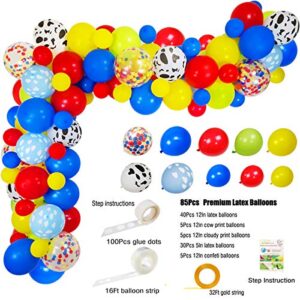 Toy Inspired Story Balloon Arch & Garland Kit, 85 Pack 12" 5" Cloud Cow Print Balloons Red Yellow Blue Fruit Green Latex Balloons Confetti Balloon Set for Baby Shower Kids Birthday Party Decorations