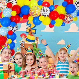 Toy Inspired Story Balloon Arch & Garland Kit, 85 Pack 12" 5" Cloud Cow Print Balloons Red Yellow Blue Fruit Green Latex Balloons Confetti Balloon Set for Baby Shower Kids Birthday Party Decorations