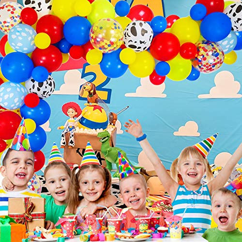 Toy Inspired Story Balloon Arch & Garland Kit, 85 Pack 12" 5" Cloud Cow Print Balloons Red Yellow Blue Fruit Green Latex Balloons Confetti Balloon Set for Baby Shower Kids Birthday Party Decorations