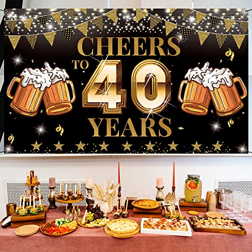 Cheers to 40 Years Backdrop Banner, Happy 40th Birthday Decorations for Men Women, 40th Anniversary, Class Reunion Backdrop, Black Gold 40th Birthday Party Yard Banner, Vicycaty (6.1ft x 3.6ft）