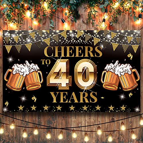 Cheers to 40 Years Backdrop Banner, Happy 40th Birthday Decorations for Men Women, 40th Anniversary, Class Reunion Backdrop, Black Gold 40th Birthday Party Yard Banner, Vicycaty (6.1ft x 3.6ft）