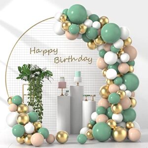 sage green white gold nude balloons arch kit, 120 pcs 18in 12in 5in latex olive green white metallic gold blush balloons garland arches kit for birthday, wedding, anniversary, jungle, party decoration