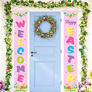 2 pieces welcome happy easter banner – happy easter porch sign | easter banners for front door, easter door decorations | easter decorations outdoor | easter door banner, easter porch decorations