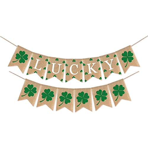 Burlap St.Patricks Day Party Banner, St. Patrick's Day Decorations Irish Lucky Day Home Decor Mantel Fireplace Decor Garland Lucky Irish Shamrock Banners Four Leaf Bunting Spring Decoration Supplies