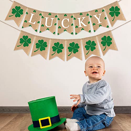 Burlap St.Patricks Day Party Banner, St. Patrick's Day Decorations Irish Lucky Day Home Decor Mantel Fireplace Decor Garland Lucky Irish Shamrock Banners Four Leaf Bunting Spring Decoration Supplies