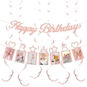 concico birthday decorations – happy birthday photo banner and hanging swirls of birthday party decor(rose gold)