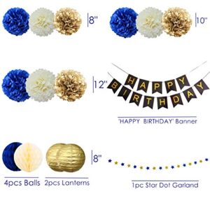 InBy 17pcs Navy Blue and Gold Party Decoration Kit for Baby Boy Shower Men Women Birthday Decoration Happy Birthday Banner 12" 10" 8" Tissue Paper Flower Pom Poms Lantern Honeycomb Ball