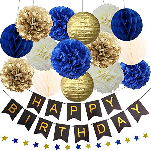 InBy 17pcs Navy Blue and Gold Party Decoration Kit for Baby Boy Shower Men Women Birthday Decoration Happy Birthday Banner 12" 10" 8" Tissue Paper Flower Pom Poms Lantern Honeycomb Ball