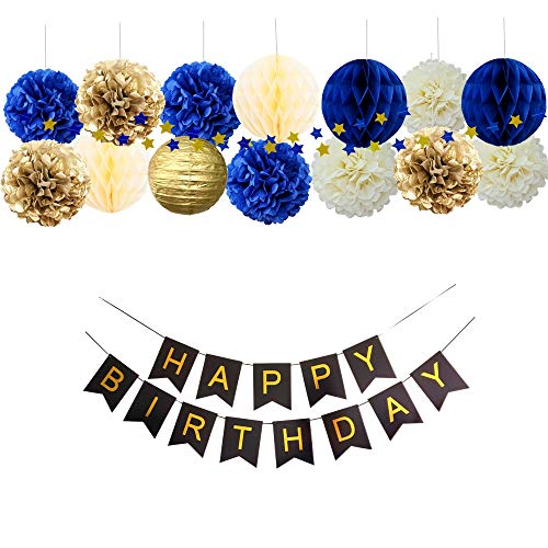 InBy 17pcs Navy Blue and Gold Party Decoration Kit for Baby Boy Shower Men Women Birthday Decoration Happy Birthday Banner 12" 10" 8" Tissue Paper Flower Pom Poms Lantern Honeycomb Ball