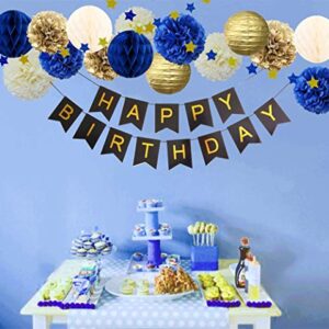 InBy 17pcs Navy Blue and Gold Party Decoration Kit for Baby Boy Shower Men Women Birthday Decoration Happy Birthday Banner 12" 10" 8" Tissue Paper Flower Pom Poms Lantern Honeycomb Ball