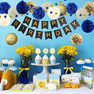 InBy 17pcs Navy Blue and Gold Party Decoration Kit for Baby Boy Shower Men Women Birthday Decoration Happy Birthday Banner 12" 10" 8" Tissue Paper Flower Pom Poms Lantern Honeycomb Ball