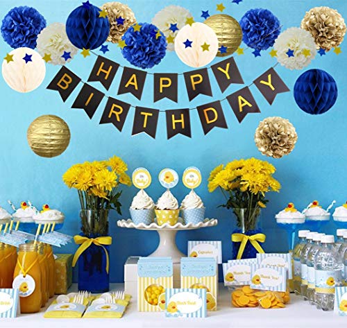 InBy 17pcs Navy Blue and Gold Party Decoration Kit for Baby Boy Shower Men Women Birthday Decoration Happy Birthday Banner 12" 10" 8" Tissue Paper Flower Pom Poms Lantern Honeycomb Ball