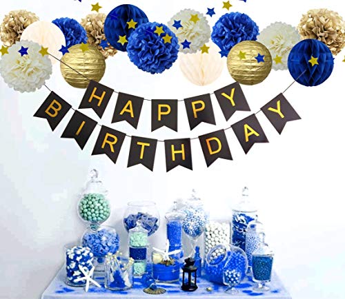 InBy 17pcs Navy Blue and Gold Party Decoration Kit for Baby Boy Shower Men Women Birthday Decoration Happy Birthday Banner 12" 10" 8" Tissue Paper Flower Pom Poms Lantern Honeycomb Ball