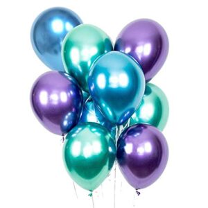 hmqd 60pcs 12” multicolor green blue purple metallic chrome balloons, helium shiny latex balloons for mermaid themed birthday bridal shower wedding baby showers graduation decoration