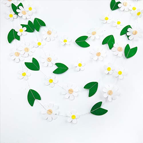 Pinkblume 30ft Felt Daisy Garland White Flowers Banner with Green Leaves Artificial Craft Fake Flowers Hanging Garland for Spring Decor Easter Day Wedding Party Bridal Shower Window Decorations