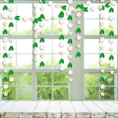 Pinkblume 30ft Felt Daisy Garland White Flowers Banner with Green Leaves Artificial Craft Fake Flowers Hanging Garland for Spring Decor Easter Day Wedding Party Bridal Shower Window Decorations