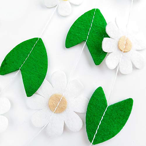 Pinkblume 30ft Felt Daisy Garland White Flowers Banner with Green Leaves Artificial Craft Fake Flowers Hanging Garland for Spring Decor Easter Day Wedding Party Bridal Shower Window Decorations