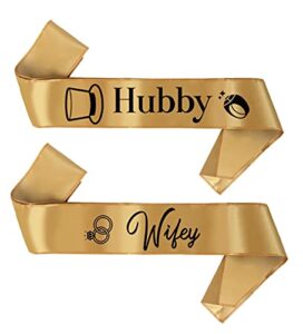 brosash bachelorette & bachelor party sash – “wifey” & “hubby” groom, bride to be supplies 2 pcs set best wedding gifts bridal shower decorations engagement favors miss to mrs. gift kit just married