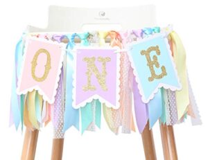 rainbow high chair banner for 1st birthday – baby girl rainbow smash cake for photo props, first birthday photo background, macarons color ribbon (rainbow high chair banner)