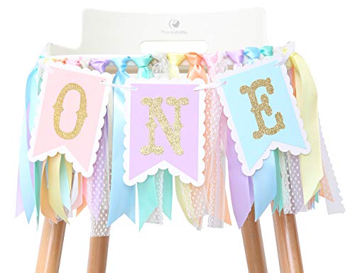 Rainbow High Chair Banner for 1st Birthday - Baby Girl Rainbow Smash Cake for Photo Props, First Birthday Photo Background, Macarons Color Ribbon (Rainbow High Chair Banner)