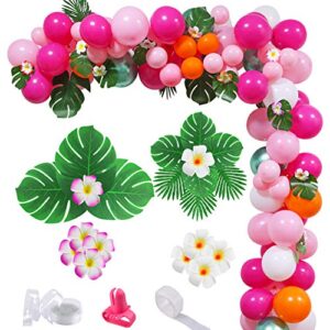 105pcs pink green tropical flamingo balloon garland kit, luau balloon party decorations, diy hawaii balloon arch garland with palm leaves,plumeria for birthday party wedding bachelorette baby shower