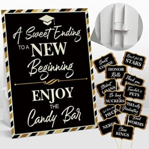 graduation candy buffet labels, black gold grad party buffet table sign set, graduation party dessert food label decorations