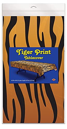 Beistle Plastic Disposable Rectangular Tiger Print Table Cover Jungle Animal Safari Theme Tablecloth Birthday Party Supplies And Tableware & Black/Orange/Yellow - 54” x 108”