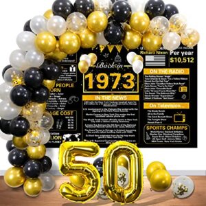 crenics black gold 50th birthday party decorations – vintage back in 1973 birthday banner, balloon arch garland and number 50 balloon for men women 50 birthday wedding anniversary party supplies