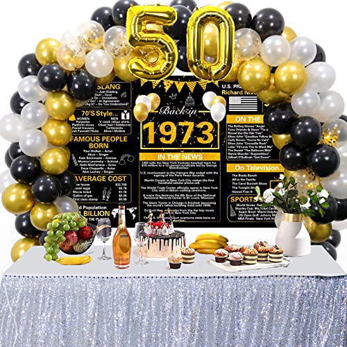 Crenics Black Gold 50th Birthday Party Decorations - Vintage Back in 1973 Birthday Banner, Balloon Arch Garland and Number 50 Balloon for Men Women 50 Birthday Wedding Anniversary Party Supplies