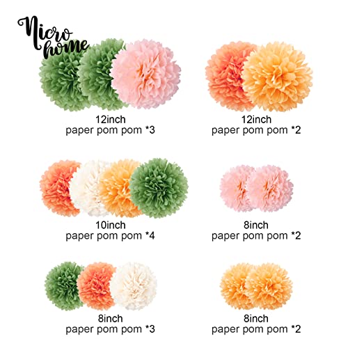 NICROHOME Baby Shower Decorations, 16PCS Sage Green, Bright Orange Tissue Paper Pom Poms for Birthday, Wedding, Spring Summer Party