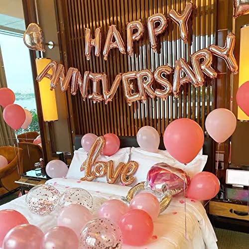 KUNGOON Happy Anniversary Balloon Banner,Valentines Day/Wedding Anniversary Party Decorations,Love Party and Anniversary Party Supplies,16 Inch Rose Gold Aluminum Foil.