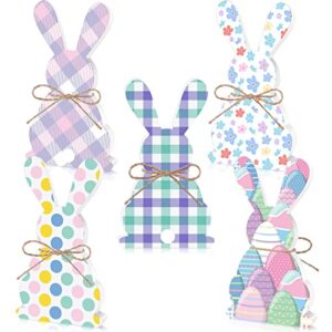 5 pcs easter bunny table wooden signs buffalo plaid spring bunny centerpiece tabletop rabbit easter party wood ornament reversible dining room double printed freestanding table decor with rope