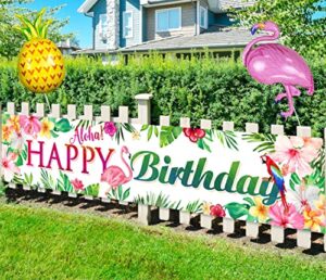 large hawaiian aloha happy birthday banner luau party decorations tropical flamingo birthday banner yard sign for indoor outdoor hanging supplies decor with flamingo pineapple balloons