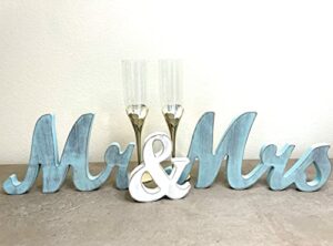 mr & mrs wood sign wedding decorations for bride & groom reception head table. wooden letters for married couple’s centerpiece, engagement & bridal shower party or wedding cake table. (rustic blue)