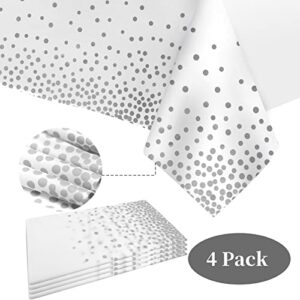 Paready White Silver Plastic Tablecloth 4 Pack 54" x 108", White Disposable Tablecloth with Silver Dot Confetti, Rectangular Plastic Table Cover for Parties, Birthday, Wedding, Graduation, Anniversary