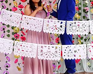 5 pk mexican wedding decorations, 50 panels of white papel picado paper flags for weddings, rehearsal dinners 60 ft total mexican bridal shower papel picado banner para fiesta tissue paper ws400