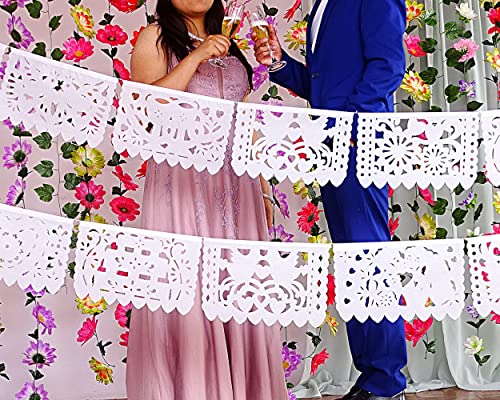 5 Pk Mexican wedding decorations, 50 Panels of White Papel Picado Paper Flags for weddings, rehearsal dinners 60 ft total Mexican Bridal Shower Papel Picado banner para fiesta TISSUE PAPER WS400