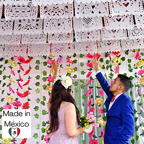 5 Pk Mexican wedding decorations, 50 Panels of White Papel Picado Paper Flags for weddings, rehearsal dinners 60 ft total Mexican Bridal Shower Papel Picado banner para fiesta TISSUE PAPER WS400