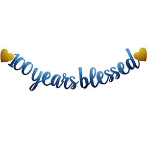 100 years blessed banner, pre-strung, blue glitter paper garlands for 100th birthday / wedding anniversary party decorations supplies, no assembly required,(blue)sunbetterland