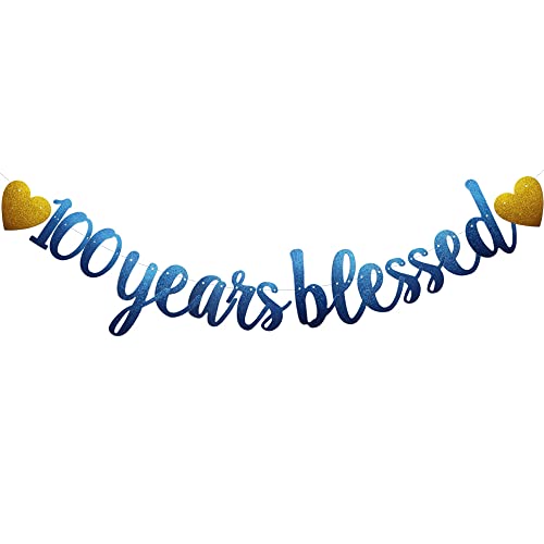 100 Years Blessed Banner, Pre-Strung, Blue Glitter Paper Garlands for 100th Birthday / Wedding Anniversary Party Decorations Supplies, No Assembly Required,(Blue)SUNbetterland