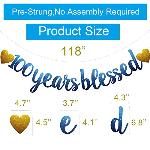 100 Years Blessed Banner, Pre-Strung, Blue Glitter Paper Garlands for 100th Birthday / Wedding Anniversary Party Decorations Supplies, No Assembly Required,(Blue)SUNbetterland