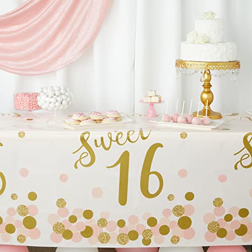 BLUE PANDA 3 Pack Sweet 16 Tablecloth for Girls 16th Birthday Party Decorations (Pink, Gold, 54 x 108 in)